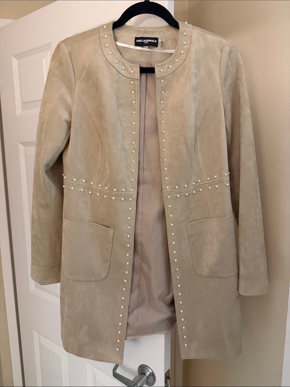 Karl Lagerfeld Pearl-Trim Beige Suede Long Coat